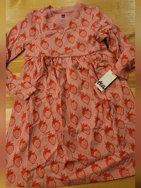 Tea Collection Pink Strawberry Print Long-Sleeve Kids Dress